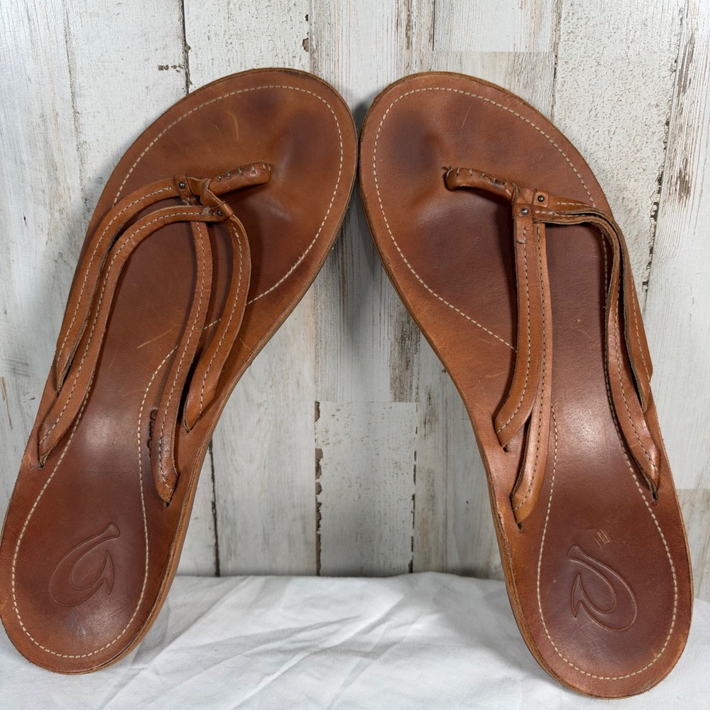 OluKai Kapehe Luana leather sandals Womens 11 Brown Ohana Thong Flip Flops